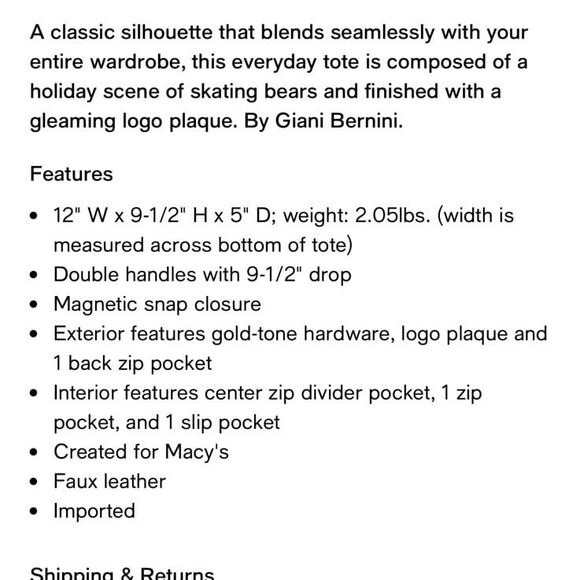 Giani Bernini for Macy’s Signature Ice Skating Bears Tote Holiday Christmas - Picture 2 of 10